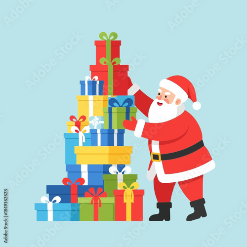 festive christmas santa claus stacking colorful gift boxes with a cheerful smile