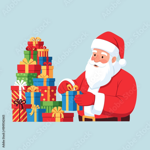 Festive Christmas Santa Claus with a Tower of Colorful Gifts and Presents for Holiday Celebration