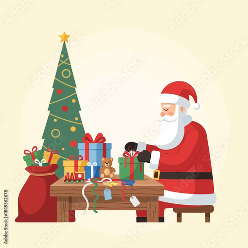 Festive Christmas scene with Santa Claus preparing gifts by decorated tree in holiday setting