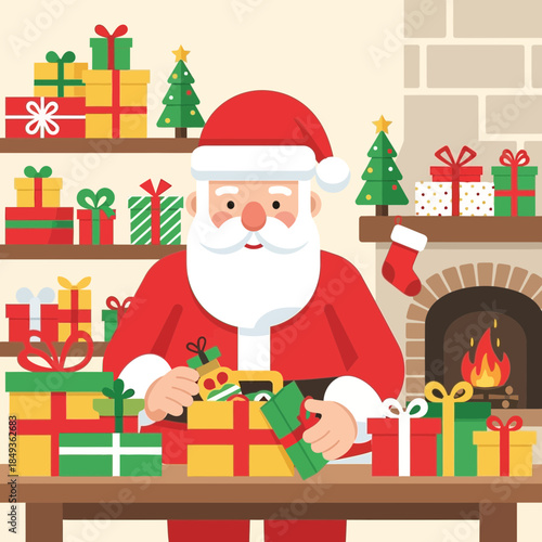 Festive Christmas scene with Santa Claus surrounded by colorful presents and decorated Christmas