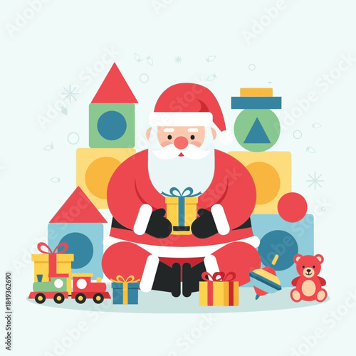 Festive Christmas Scene with Santa Claus Surrounded by Toys and Gifts