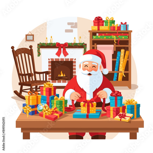 Festive Christmas Scene with Santa Claus Surrounded by Gifts and Cozy Fireplace