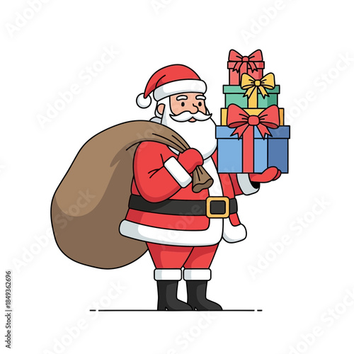 Festive Santa Claus Carrying Wrapped Christmas Gifts and Holiday Cheer