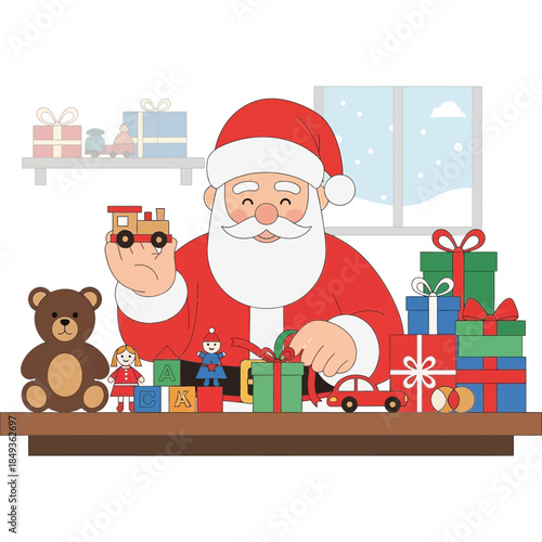 Festive holiday scene with Santa Claus toy building blocks and presents in cozy room