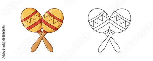 Colored and black and white outline vector illustrations of pair of maracas in yellow and red colors used for music icons and educational coloring book elements