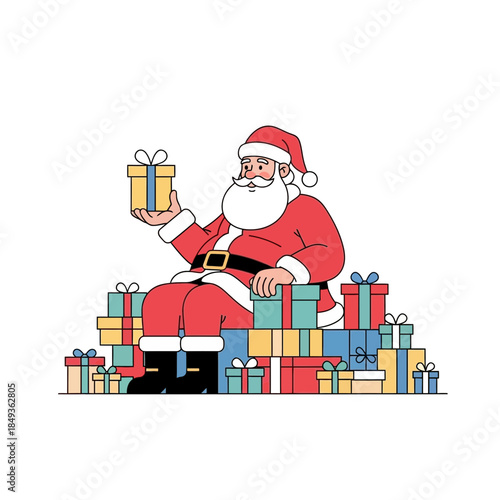 Festive Santa Claus Surrounded by Christmas Presents Holding Gift During Holiday Celebration