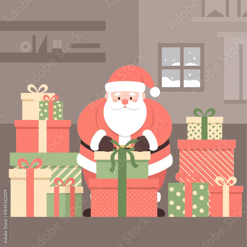 Festive Santa Claus surrounded by colorful Christmas presents in cozy home setting