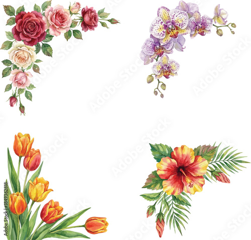 Set of Floral corner watercolor style