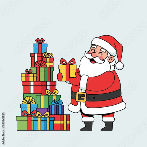 festive santa claus with a large pile of colorful wrapped christmas presents cheerful holiday