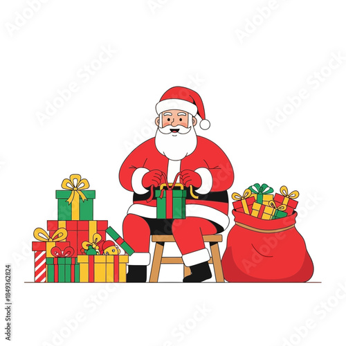 Festive Santa Claus with a large bag of colorful wrapped Christmas presents