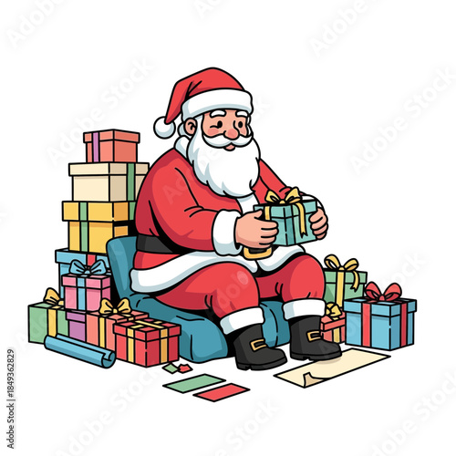Festive Santa Claus with a collection of colorful wrapped gifts and presents for Christmas