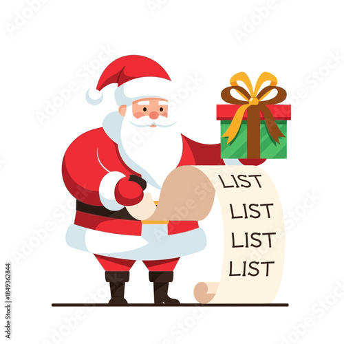festive santa claus with gift and shopping list for christmas holiday celebration