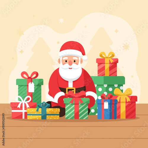 Festive Santa Claus with Christmas Gifts in a Warm Holiday Scene for Celebrations