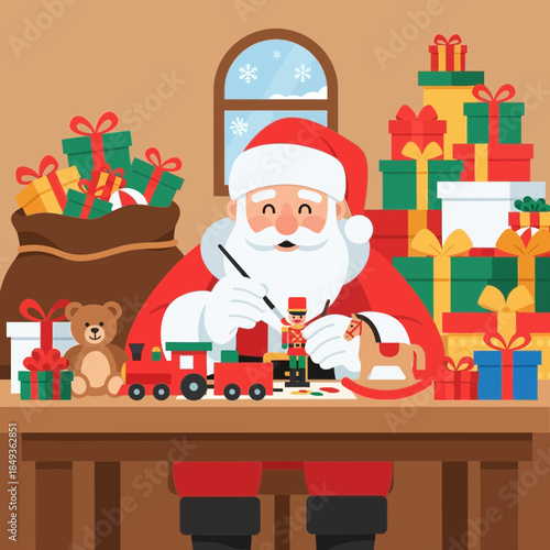 Festive Santa Claus with Gift Boxes and Toy Train During Christmas Celebration
