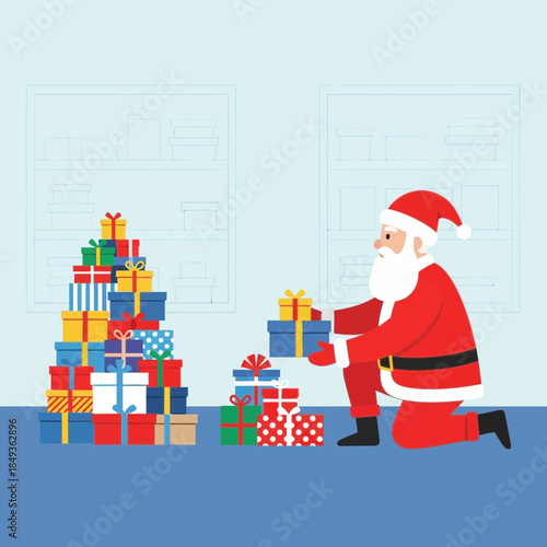 Santa Claus Placing Presents Under a Decorated Christmas Tree with a Festive Background