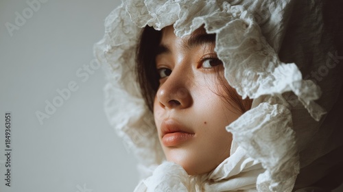 Ethereal beauty: Intimate portrait of a woman in a textured white bonnet