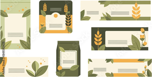 Flat lay of various green and beige labels with wheat and leaf designs on a white background, showcasing different shapes and layouts.