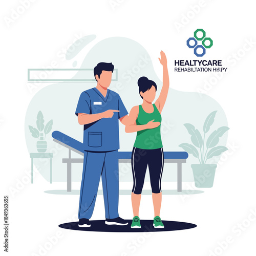 A male physical therapist assists a female patient with arm rehabilitation exercises in a modern clinic setting.