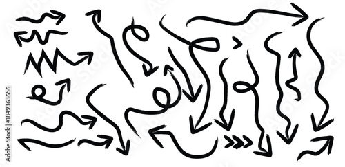 Cute line doodle arrows set. Comic, cartoon motion expression design elements. Bounce, swirl, twist, movement effect black and white line art