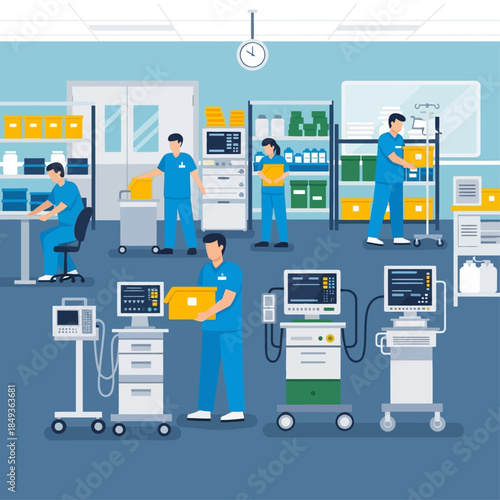 Healthcare professionals working with medical equipment and supplies in a hospital storage and maintenance room, ensuring readiness and organization.