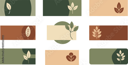 Flat lay of various rectangular and circular labels with leaf designs in shades of green, beige, and brown on a white background.