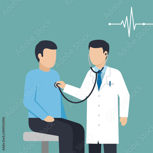 Doctor examining a male patient with a stethoscope during a medical check-up, with a heartbeat line in the background.