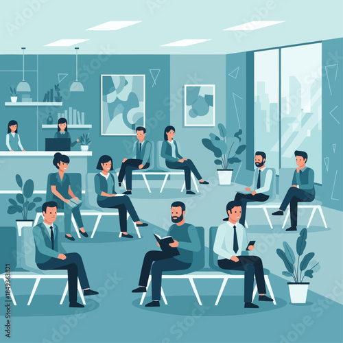 A modern waiting room scene with multiple people sitting on benches and a reception desk.