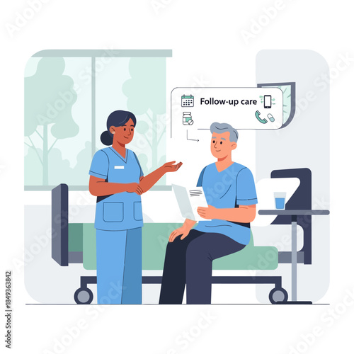 A nurse discusses follow-up care and digital health options with a male patient in a hospital room.