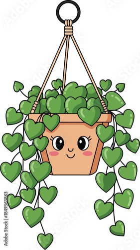 Cute kawaii hanging plant in a smiling pot with green heartshaped leaves.