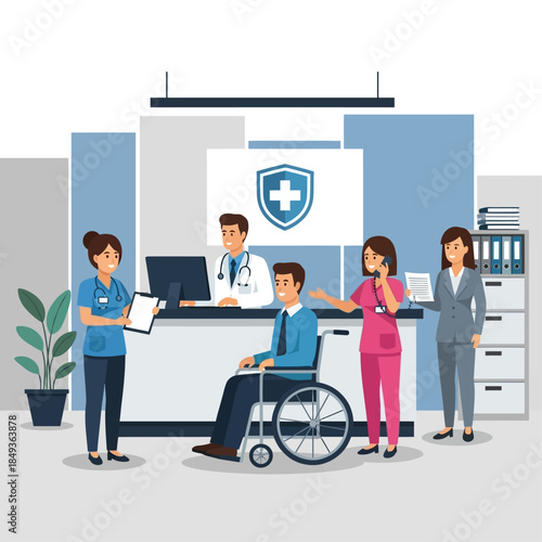 Medical staff assisting a patient in a wheelchair at a hospital reception desk, illustrating healthcare services and patient care.