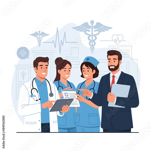 Healthcare team meeting with a businessman, discussing medical plans and management in a hospital setting.