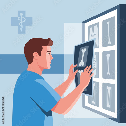 A male medical professional examining bone X-ray images on a light box in a hospital or clinic setting.