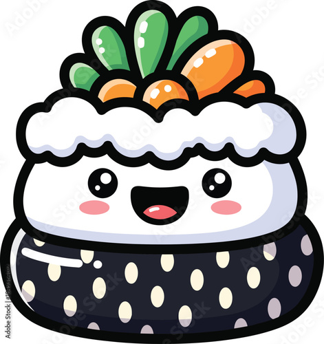 Cute kawaii sushi roll character with a happy smiling face and a black polka dot nori wrap.