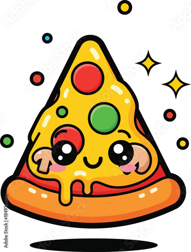 Cute Kawaii Pizza Slice Cartoon Character with Big Eyes a Smile and Colorful Toppings.