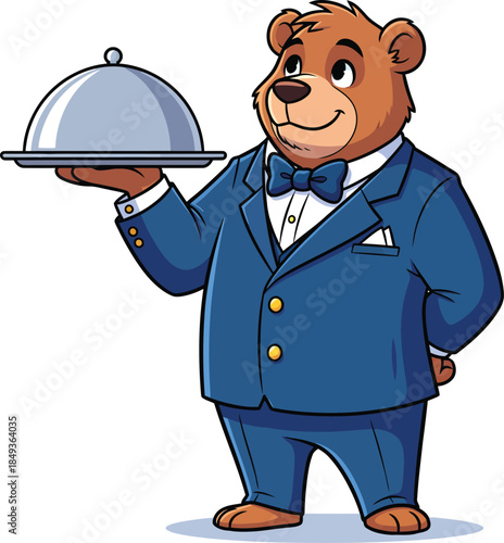 Friendly Cartoon Bear Waiter in a Blue Suit Holding a Silver Serving Cloche.