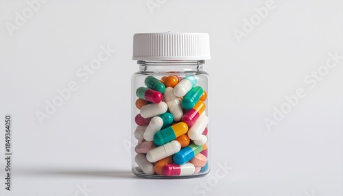 A clear glass bottle filled with a variety of colorful capsules and pills against a plain white background.