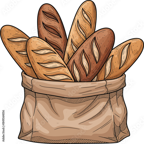 Handdrawn illustration of fresh crusty French baguettes with scored tops in a brown paper bag.