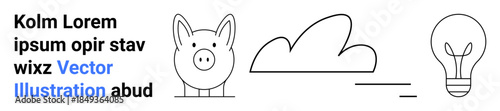 Financial planning, savings, creativity, innovation, cloud storage, minimal design. Outline icons of a piggy bank, cloud and light bulb. Financial planning and creativity concept