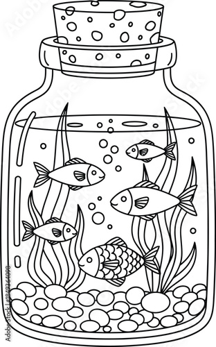 Handdrawn line art of several cartoon fish swimming in a corked glass bottle with seaweed and bubbles.