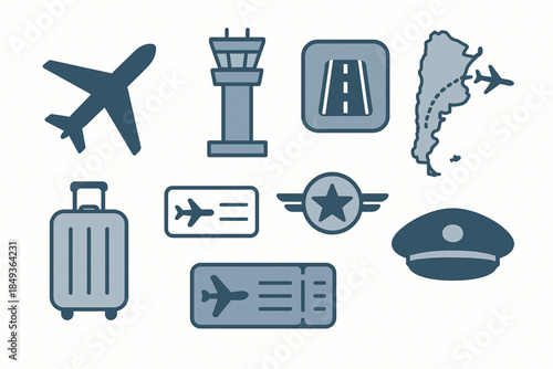 Argentinian Aviation Icon Set with Airplane, Airport and Flight Routes in Flat Vector