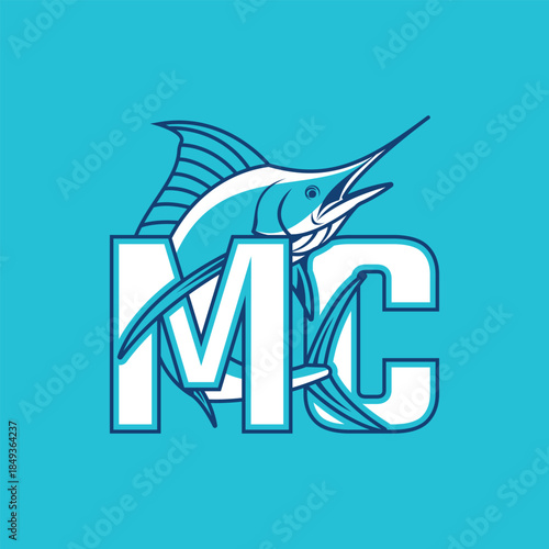 MC Marlins vector logo featuring a dynamic marlin fish symbolizing speed, power, and competitive spirit. Bold design suitable for sports teams, fishing clubs, and athletic branding.