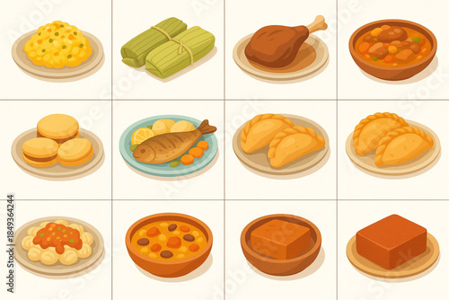 Argentinian Regional Food Icon Grid with Humita, Patagonian Lamb and Empanadas in Flat Vector