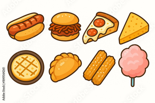 Argentinian Street Food Icon Set with Choripán, Empanadas and Provoleta in Flat Vector
