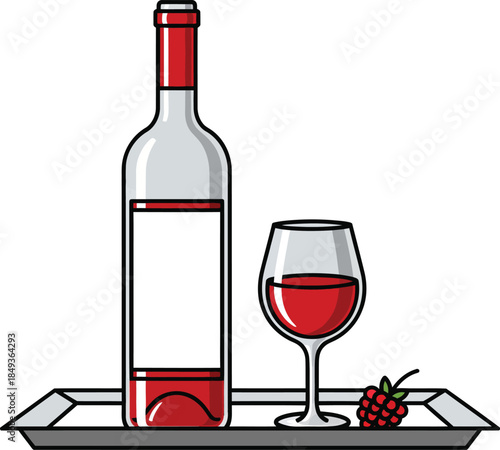 Illustrated red wine bottle with a blank label a full glass and a raspberry on a silver tray.