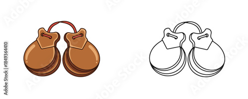 Colored and black and white outline vector illustrations of wooden castanets in isometric style in brown and red colors used for music icons and educational kits