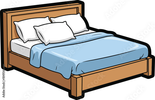 Simple cartoon wooden bed with a light blue comforter white mattress and three pillows.