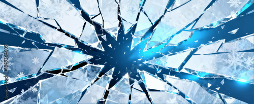 An ice crack is a brittle network of cracks with sharp fragments and a cold blue glow, the effect of sudden ice breaking. Suitable for dramatic scenes, winter movie promos.Vector. EPS_04.