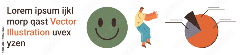 Fototapeta premium Communication, emotion, data analysis, teamwork, presentations, behavioral studies. happy face, person in motion and pie chart graphic. Communication and emotion with visual symbols