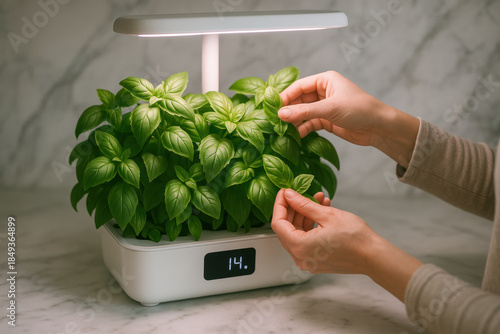 Person tending fresh basil leaves in modern indoor smart herb garden with led grow light on marble countertop