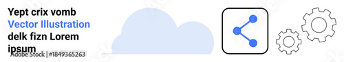 Data sharing, cloud computing, technology settings, collaboration, software management, digital tools. Blue cloud, share icon and gears. Cloud computing and data sharing concepts